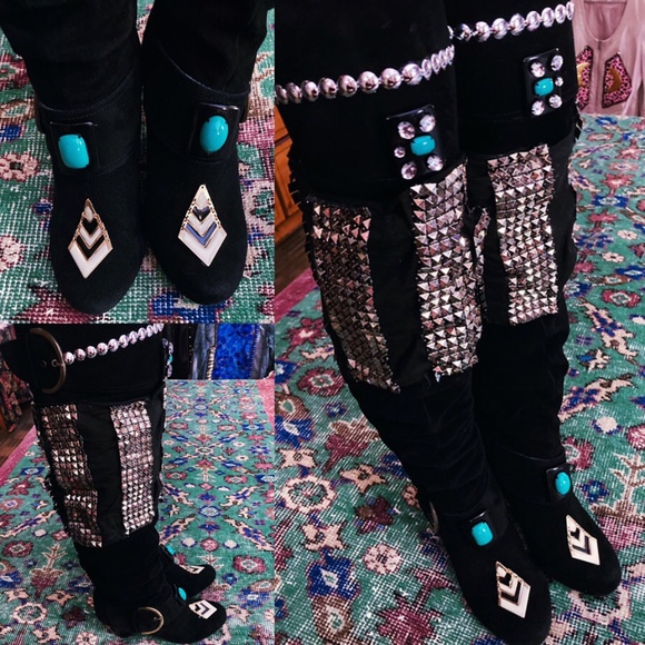 Customed “Turkish Nights” Blaxk Suede, Silver, Blue slouch Boots